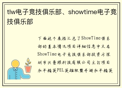 tlw电子竞技俱乐部、showtime电子竞技俱乐部